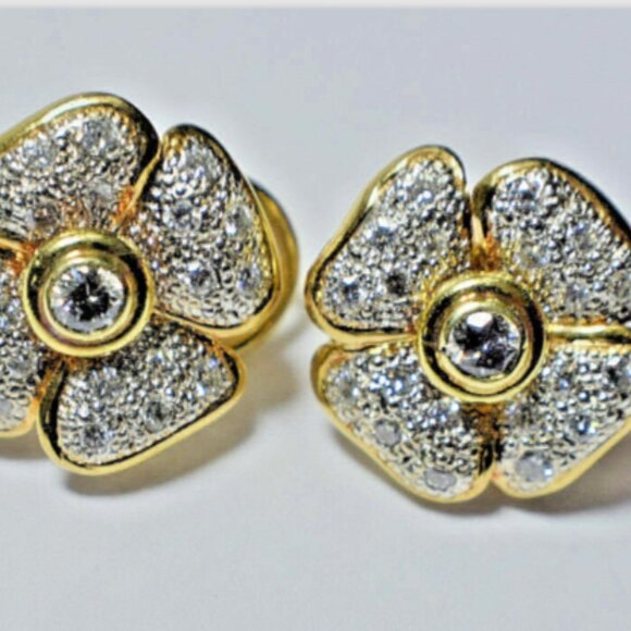 1ct Diamond 14K 2-Tone Gold 4 Leaf Clover Designer Flower Earrings 9 Gram FG VS1 - Picture 1 of 9